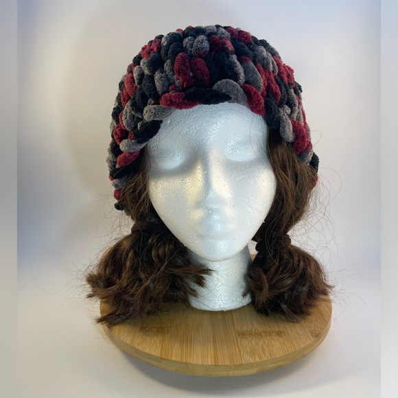 Handmade Kid’s Soft & Cozy Winter Hat With Loopy Pom-Pom - Cranberry/Gray/Black - Picture 4 of 9